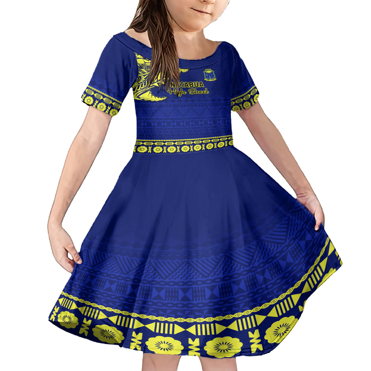 Personalised Fiji Natabua High School Family Matching Off Shoulder Short Dress and Hawaiian Shirt Fijian Tapa Pattern LT14 Daughter's Dress Blue - Polynesian Pride
