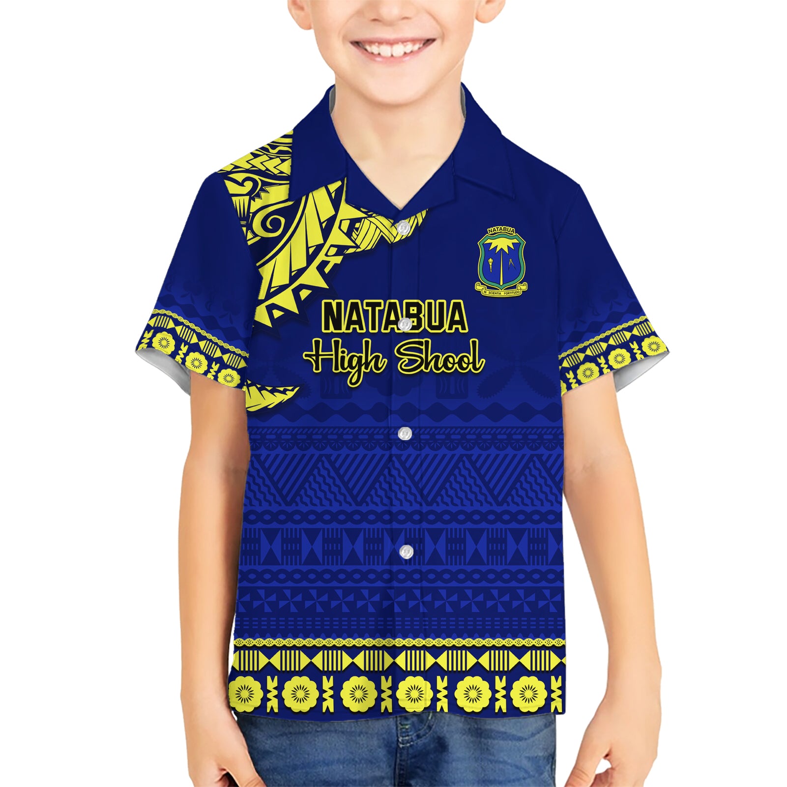 Personalised Fiji Natabua High School Kid Hawaiian Shirt Fijian Tapa Pattern LT14 Kid Blue - Polynesian Pride