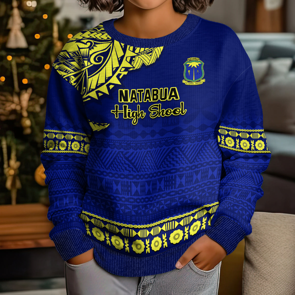 Personalised Fiji Natabua High School Kid Ugly Christmas Sweater Fijian Tapa Pattern LT14 - Polynesian Pride