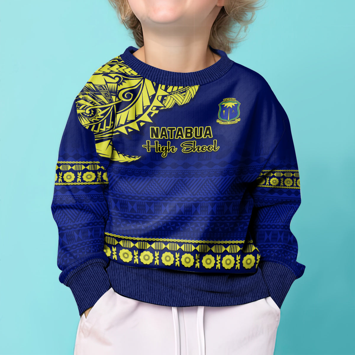 Personalised Fiji Natabua High School Kid Ugly Christmas Sweater Fijian Tapa Pattern LT14 - Polynesian Pride