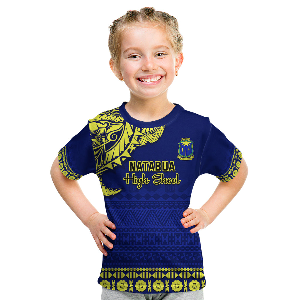 Personalised Fiji Natabua High School Kid T Shirt Fijian Tapa Pattern LT14 Blue - Polynesian Pride