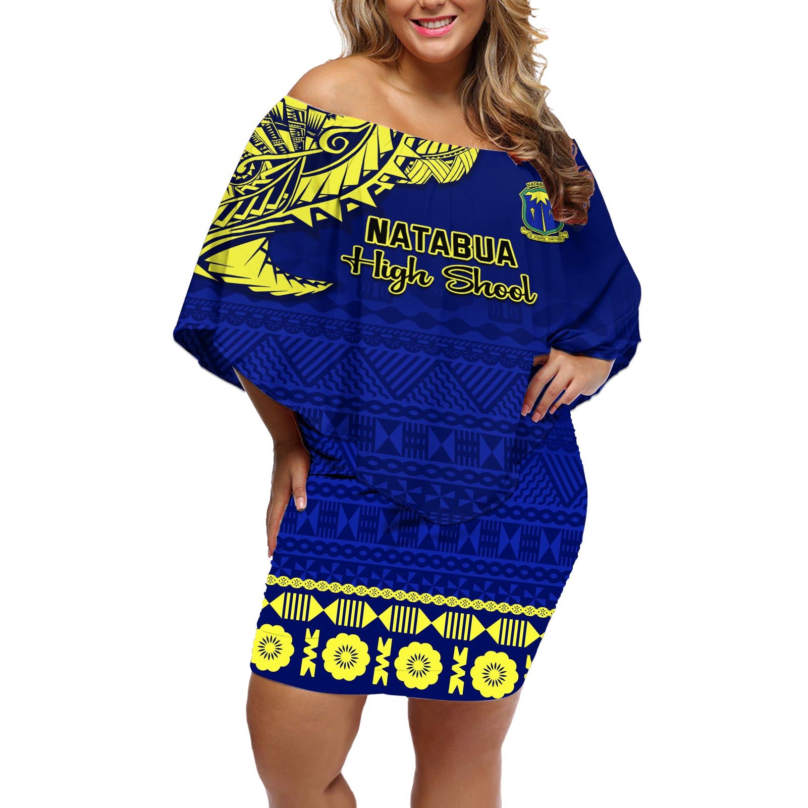 Personalised Fiji Natabua High School Off Shoulder Short Dress Fijian Tapa Pattern LT14 Women Blue - Polynesian Pride