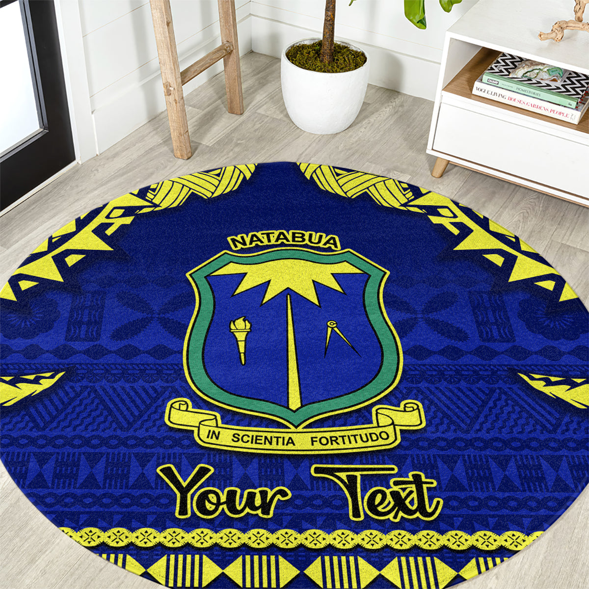 Personalised Fiji Natabua High School Round Carpet Fijian Tapa Pattern LT14 Blue - Polynesian Pride