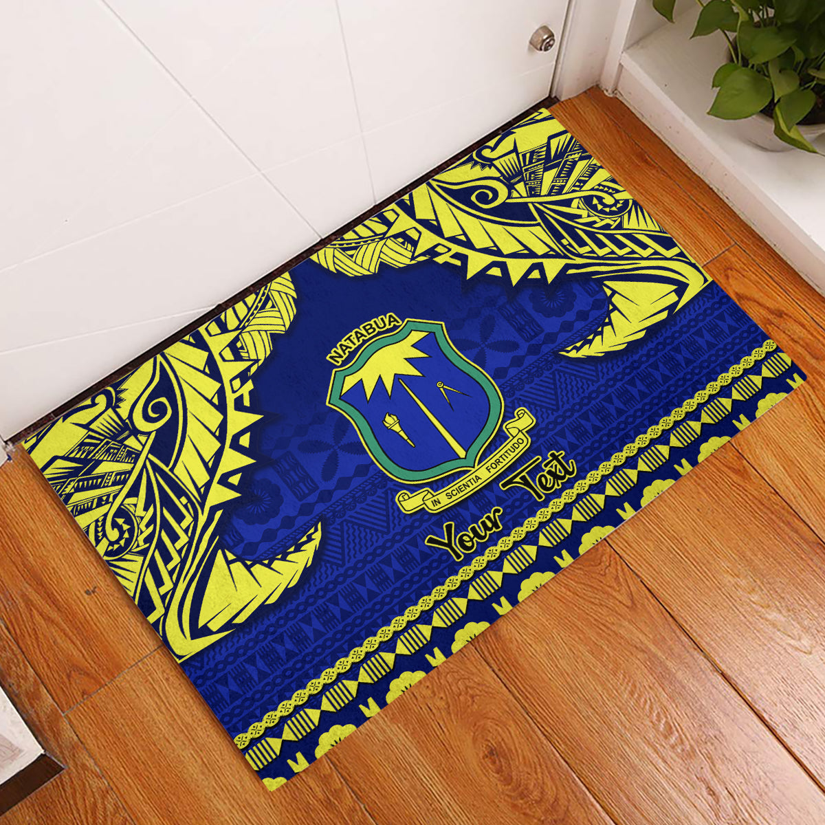 Personalised Fiji Natabua High School Rubber Doormat Fijian Tapa Pattern LT14 Blue - Polynesian Pride