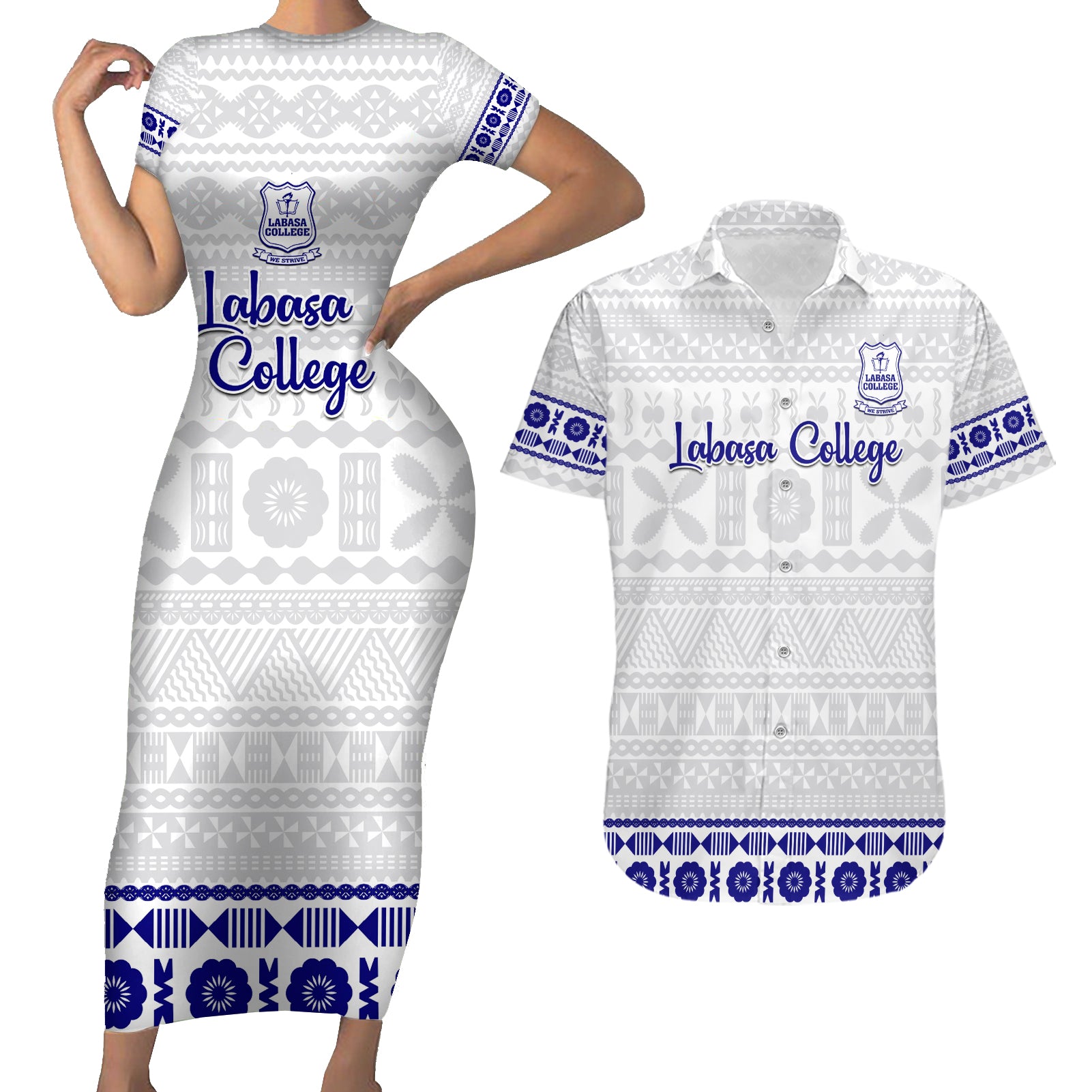 Personalised Fiji Labasa College Couples Matching Short Sleeve Bodycon Dress and Hawaiian Shirt Fijian Tapa Pattern LT14 White - Polynesian Pride