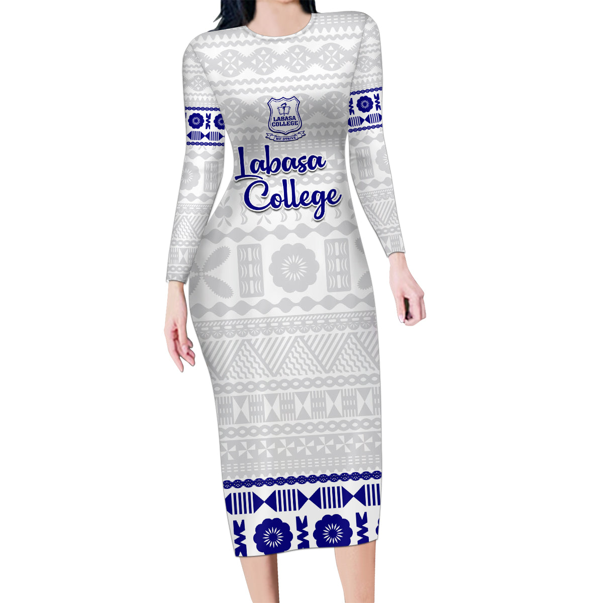 Personalised Fiji Labasa College Family Matching Long Sleeve Bodycon Dress and Hawaiian Shirt Fijian Tapa Pattern LT14 Mom's Dress White - Polynesian Pride