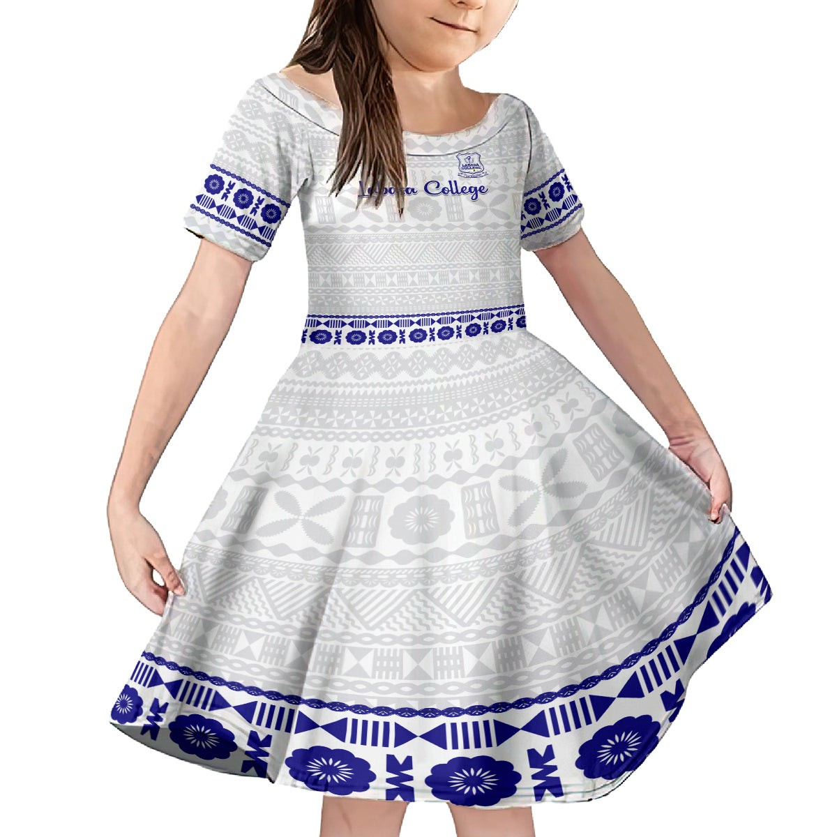 Personalised Fiji Labasa College Family Matching Tank Maxi Dress and Hawaiian Shirt Fijian Tapa Pattern LT14 Daughter's Dress White - Polynesian Pride