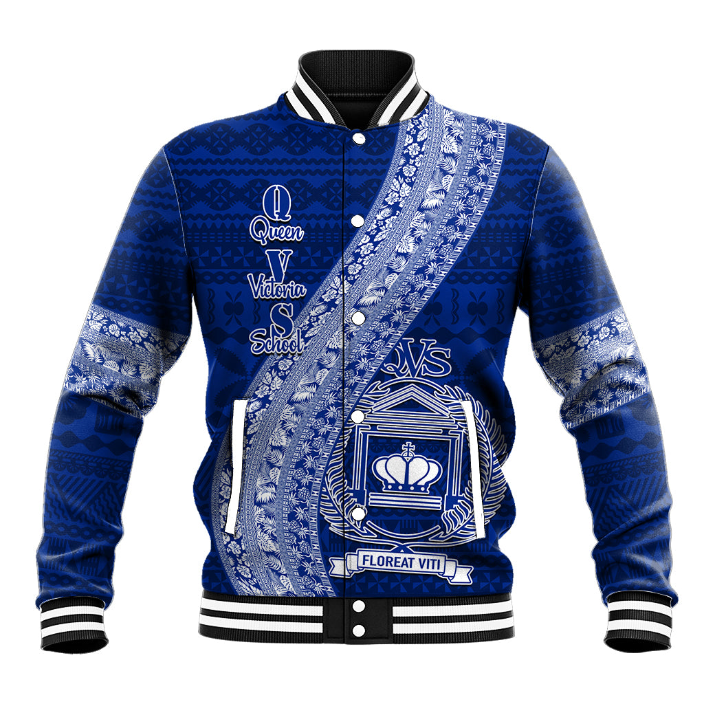 Personalised Fiji Queen Victoria School Baseball Jacket Fijian Tapa Pattern LT14 Unisex Blue - Polynesian Pride