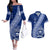 Personalised Fiji Queen Victoria School Couples Matching Off The Shoulder Long Sleeve Dress and Hawaiian Shirt Fijian Tapa Pattern LT14 Blue - Polynesian Pride