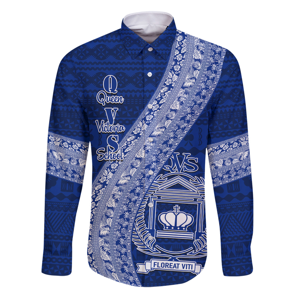 Personalised Fiji Queen Victoria School Family Matching Long Sleeve Bodycon Dress and Hawaiian Shirt Fijian Tapa Pattern LT14 Dad's Shirt - Long Sleeve Blue - Polynesian Pride