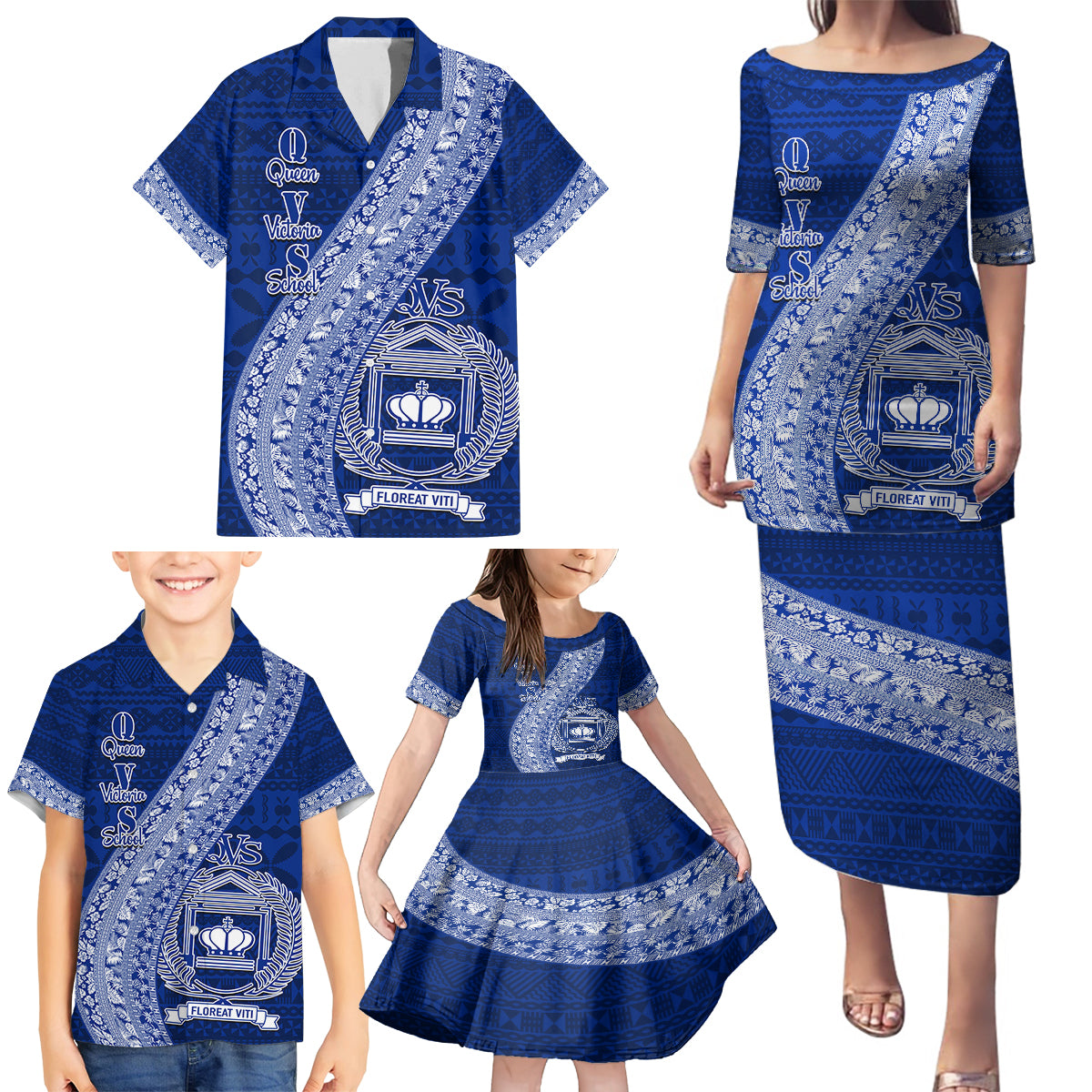 Personalised Fiji Queen Victoria School Family Matching Puletasi Dress and Hawaiian Shirt Fijian Tapa Pattern LT14 - Polynesian Pride