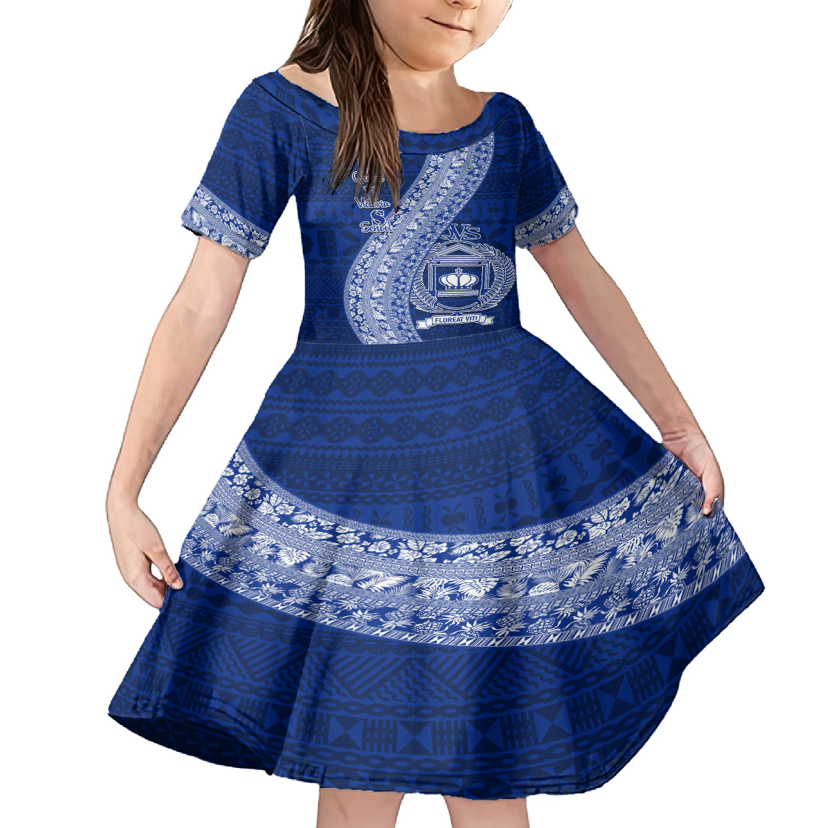 Personalised Fiji Queen Victoria School Family Matching Tank Maxi Dress and Hawaiian Shirt Fijian Tapa Pattern LT14 Daughter's Dress Blue - Polynesian Pride