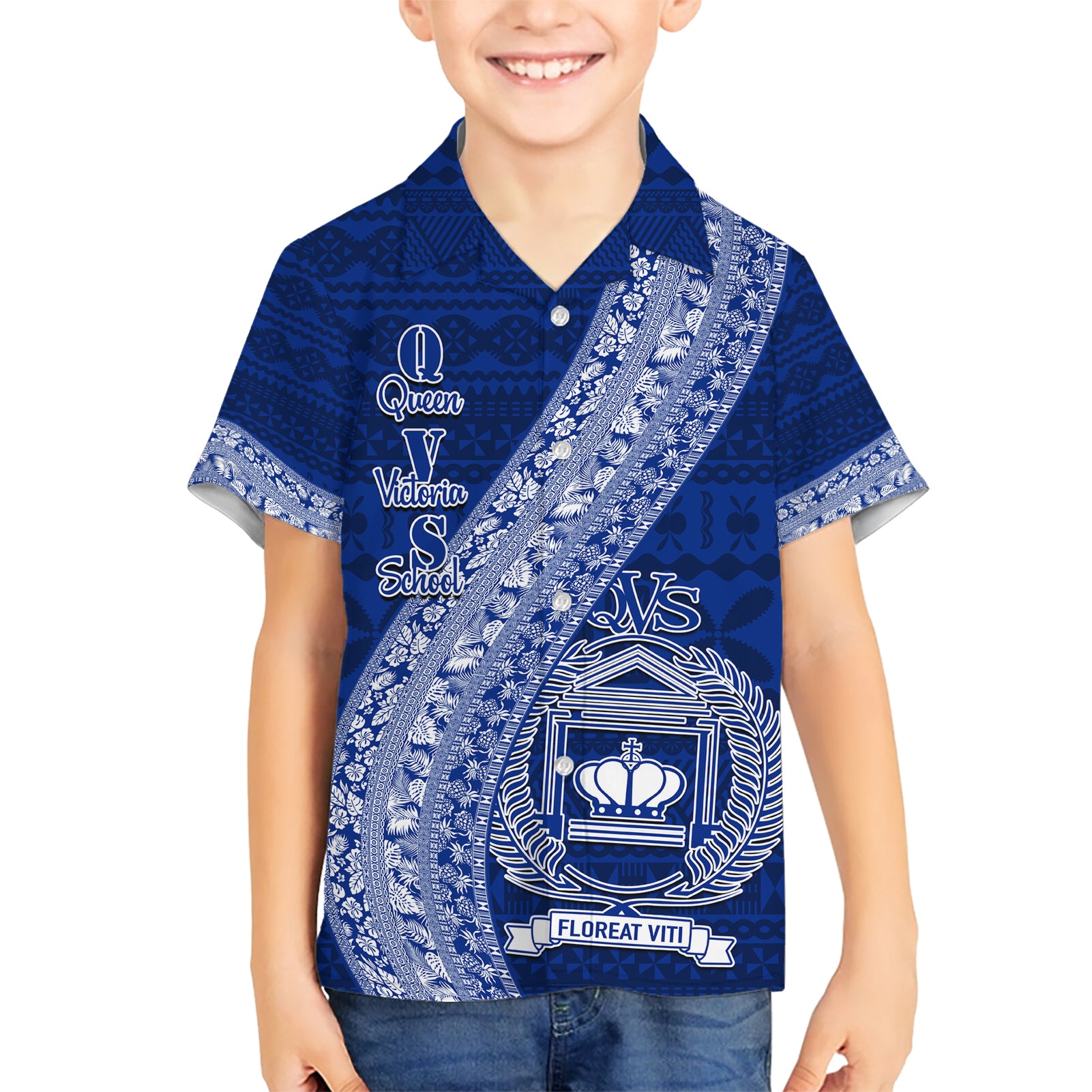 Personalised Fiji Queen Victoria School Kid Hawaiian Shirt Fijian Tapa Pattern LT14 Kid Blue - Polynesian Pride