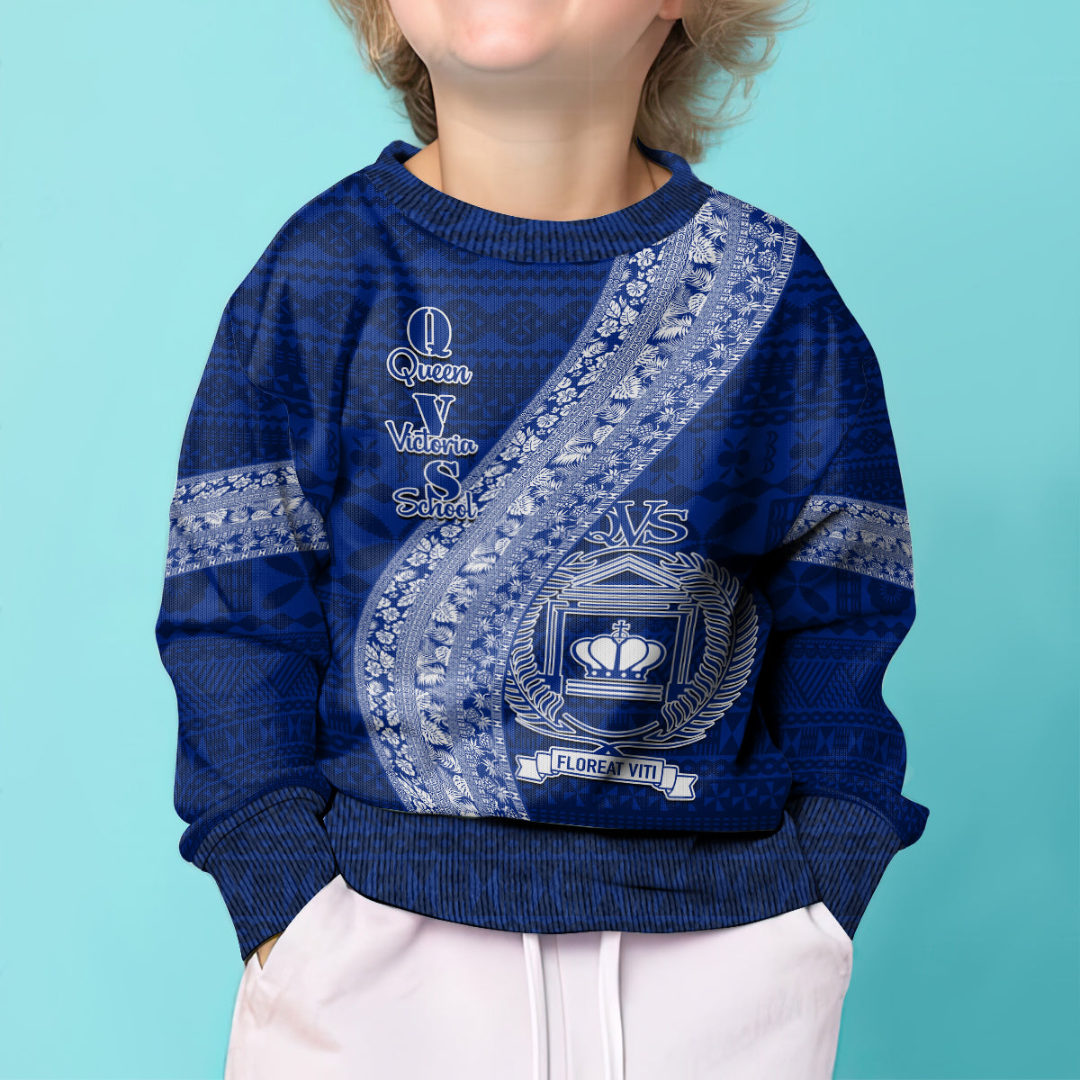 Personalised Fiji Queen Victoria School Kid Ugly Christmas Sweater Fijian Tapa Pattern LT14 - Polynesian Pride