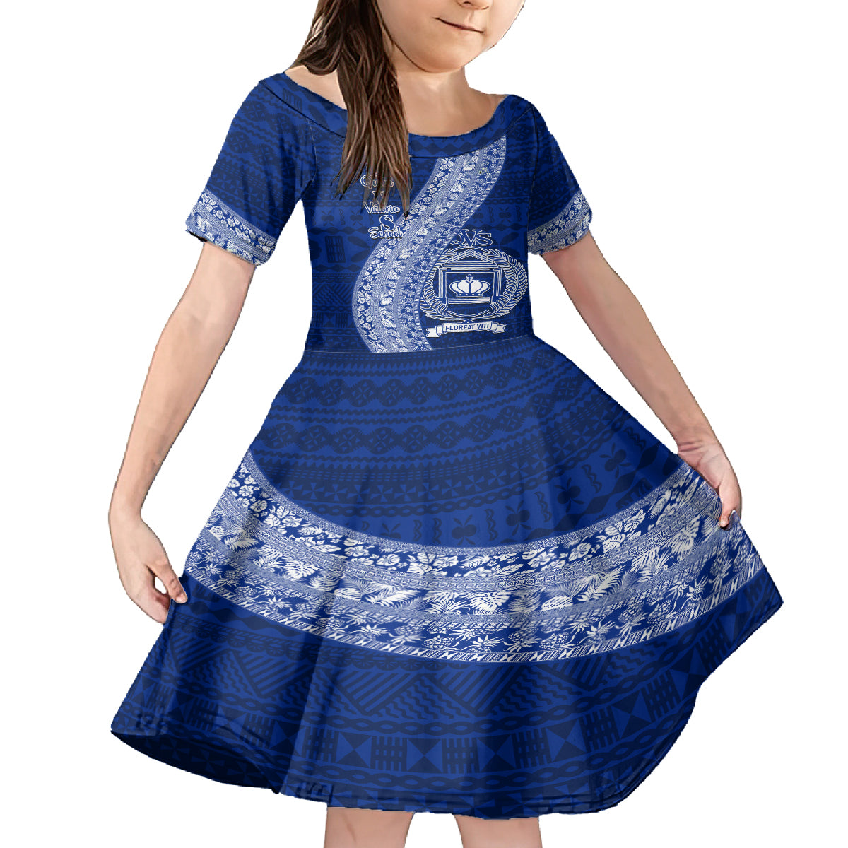 Personalised Fiji Queen Victoria School Kid Short Sleeve Dress Fijian Tapa Pattern LT14 KID Blue - Polynesian Pride
