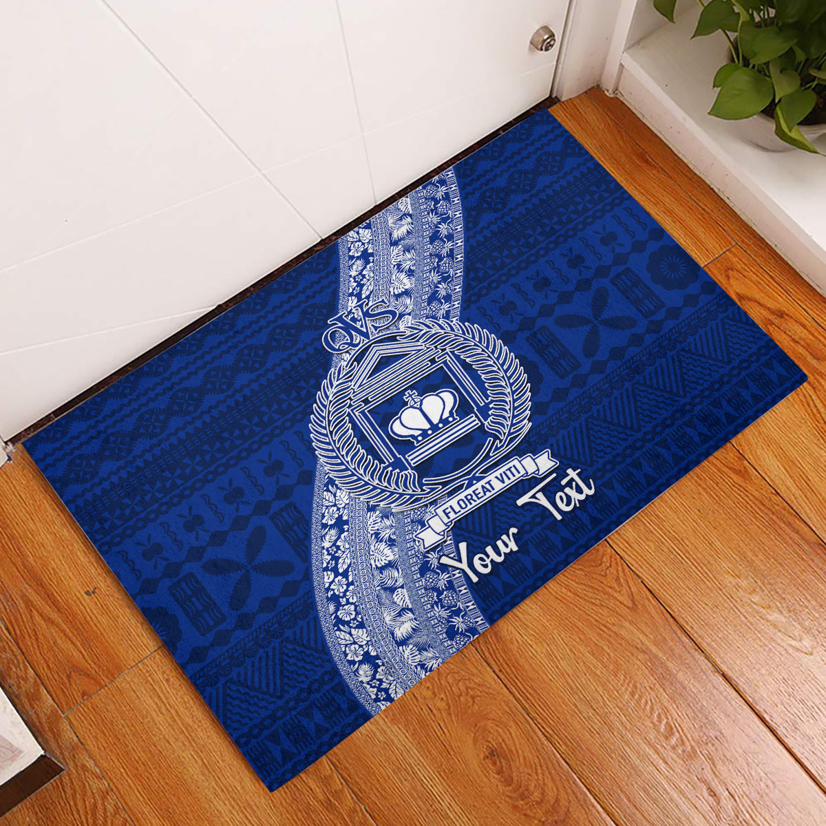 Personalised Fiji Queen Victoria School Rubber Doormat Fijian Tapa Pattern LT14 Blue - Polynesian Pride