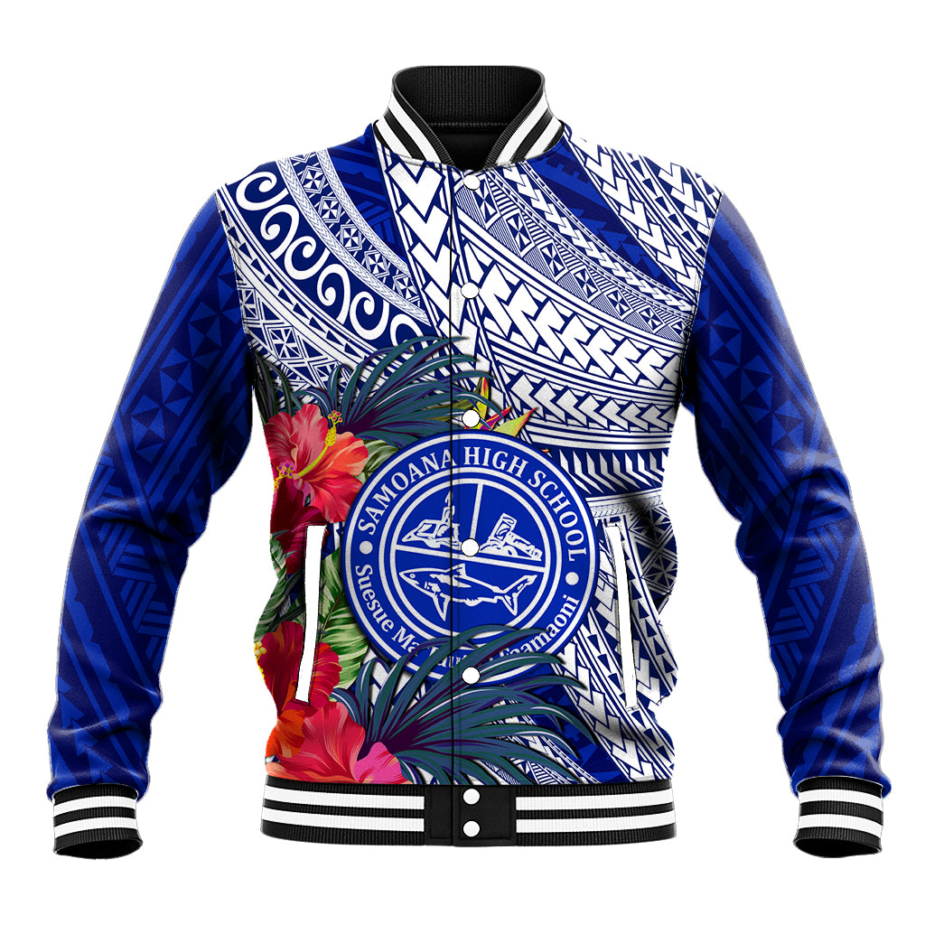 Personalised Samoana High School Baseball Jacket American Samoa Schools Polynesian Tropical Flowers LT14 Unisex Blue - Polynesian Pride