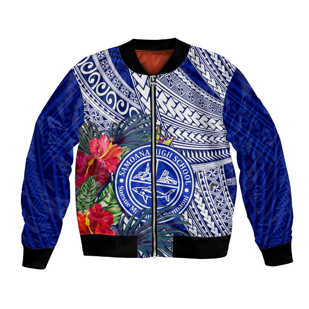 Personalised Samoana High School Bomber Jacket American Samoa Schools Polynesian Tropical Flowers LT14 Unisex Blue - Polynesian Pride