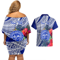 Personalised Samoana High School Couples Matching Off Shoulder Short Dress and Hawaiian Shirt American Samoa Schools Polynesian Tropical Flowers LT14 - Polynesian Pride