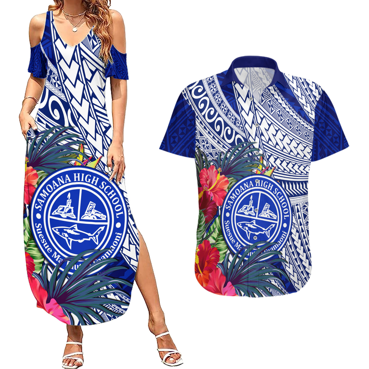 Personalised Samoana High School Couples Matching Summer Maxi Dress and Hawaiian Shirt American Samoa Schools Polynesian Tropical Flowers LT14 Blue - Polynesian Pride