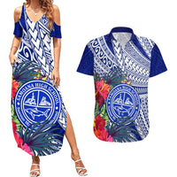 Personalised Samoana High School Couples Matching Summer Maxi Dress and Hawaiian Shirt American Samoa Schools Polynesian Tropical Flowers LT14 Blue - Polynesian Pride