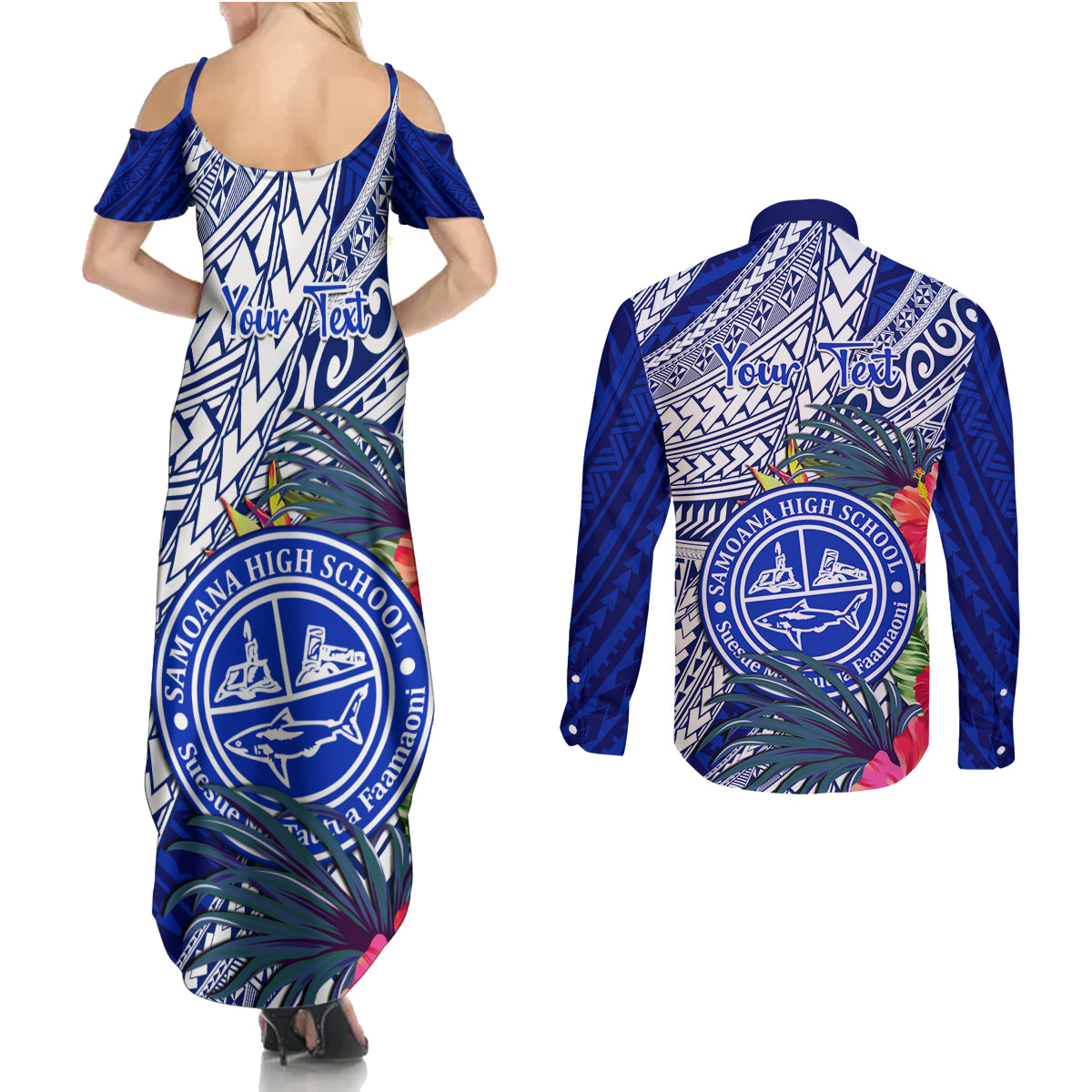 Personalised Samoana High School Couples Matching Summer Maxi Dress and Long Sleeve Button Shirt American Samoa Schools Polynesian Tropical Flowers LT14 - Polynesian Pride