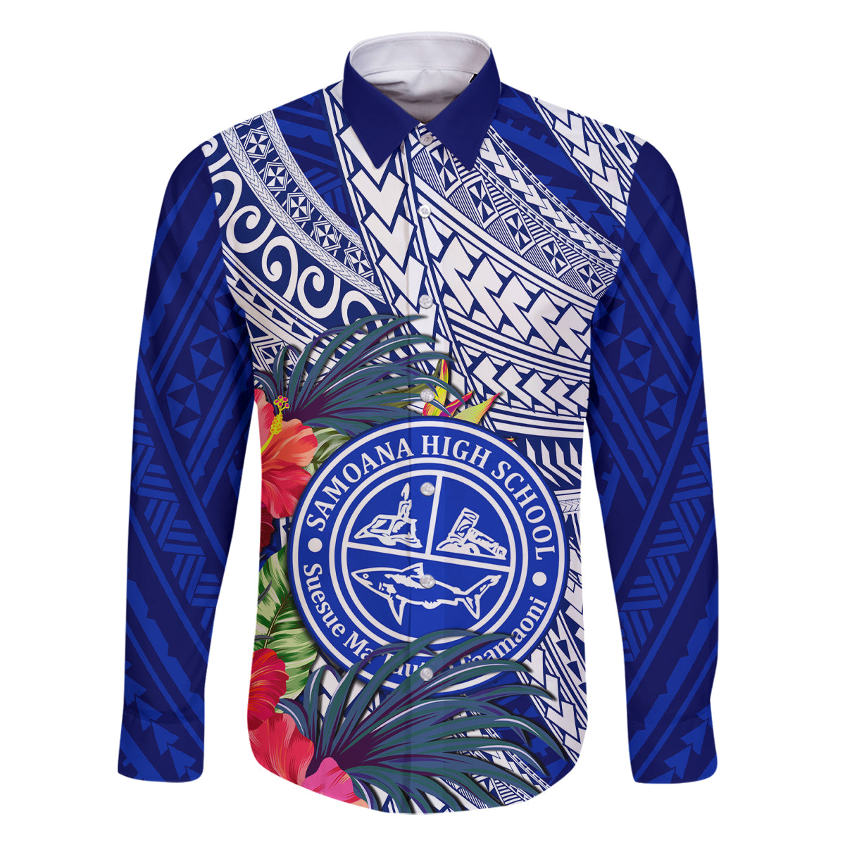 Personalised Samoana High School Family Matching Long Sleeve Bodycon Dress and Hawaiian Shirt American Samoa Schools Polynesian Tropical Flowers LT14 Dad's Shirt - Long Sleeve Blue - Polynesian Pride