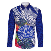 Personalised Samoana High School Family Matching Off Shoulder Long Sleeve Dress and Hawaiian Shirt American Samoa Schools Polynesian Tropical Flowers LT14 Dad's Shirt - Long Sleeve Blue - Polynesian Pride