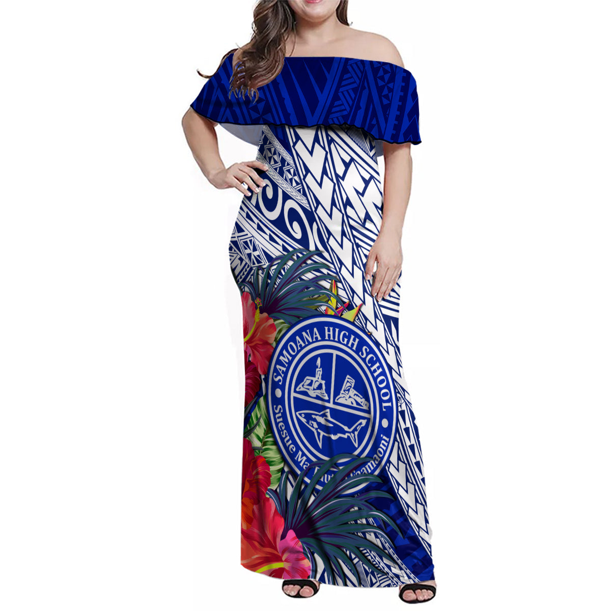 Personalised Samoana High School Family Matching Off Shoulder Maxi Dress and Hawaiian Shirt American Samoa Schools Polynesian Tropical Flowers LT14 Mom's Dress Blue - Polynesian Pride