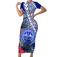 Personalised Samoana High School Family Matching Short Sleeve Bodycon Dress and Hawaiian Shirt American Samoa Schools Polynesian Tropical Flowers LT14 Mom's Dress Blue - Polynesian Pride