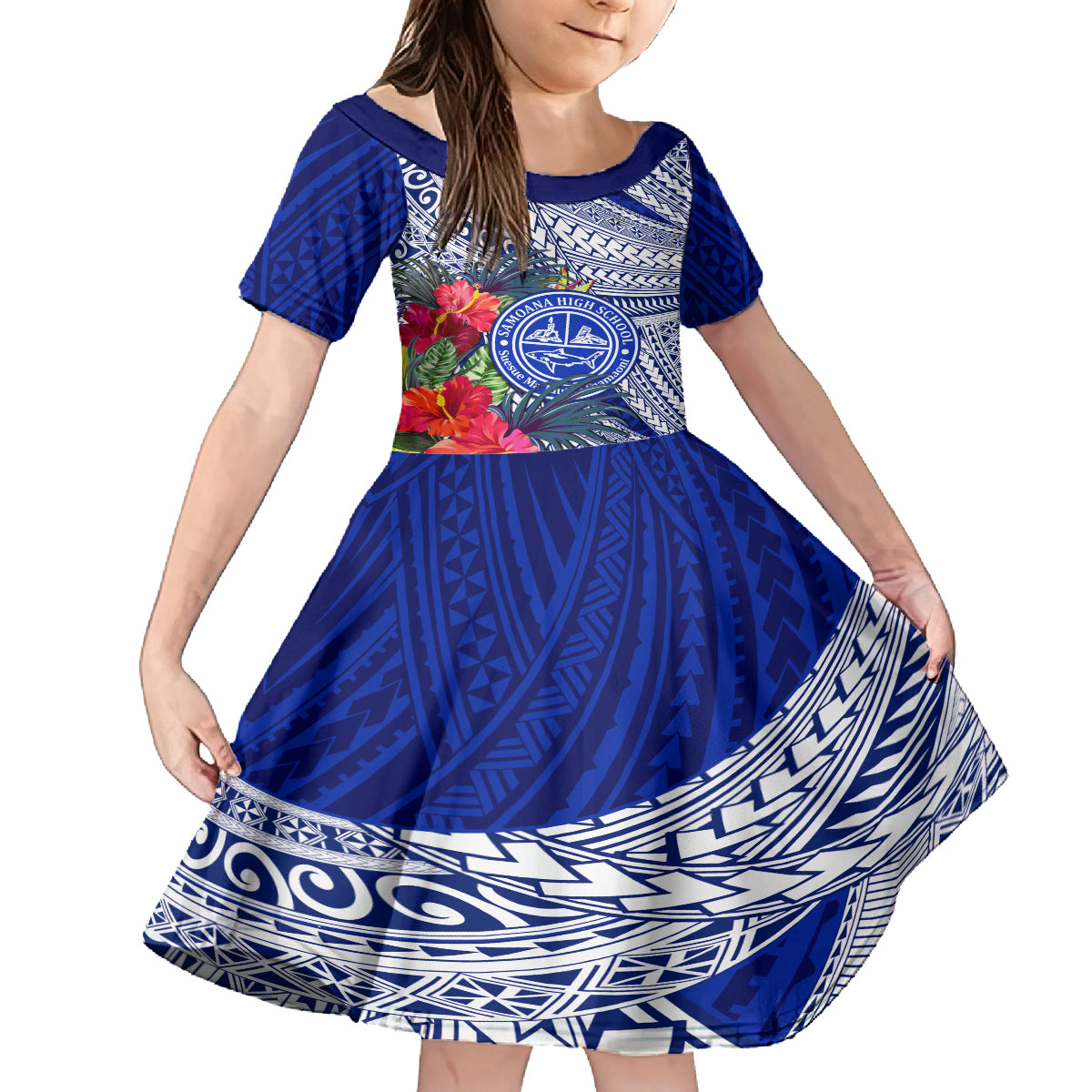 Personalised Samoana High School Family Matching Tank Maxi Dress and Hawaiian Shirt American Samoa Schools Polynesian Tropical Flowers LT14 Daughter's Dress Blue - Polynesian Pride
