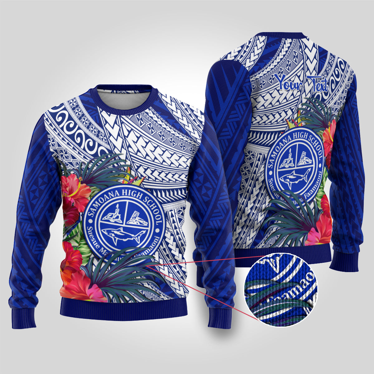 Personalised Samoana High School Ugly Christmas Sweater American Samoa Schools Polynesian Tropical Flowers LT14 Blue - Polynesian Pride