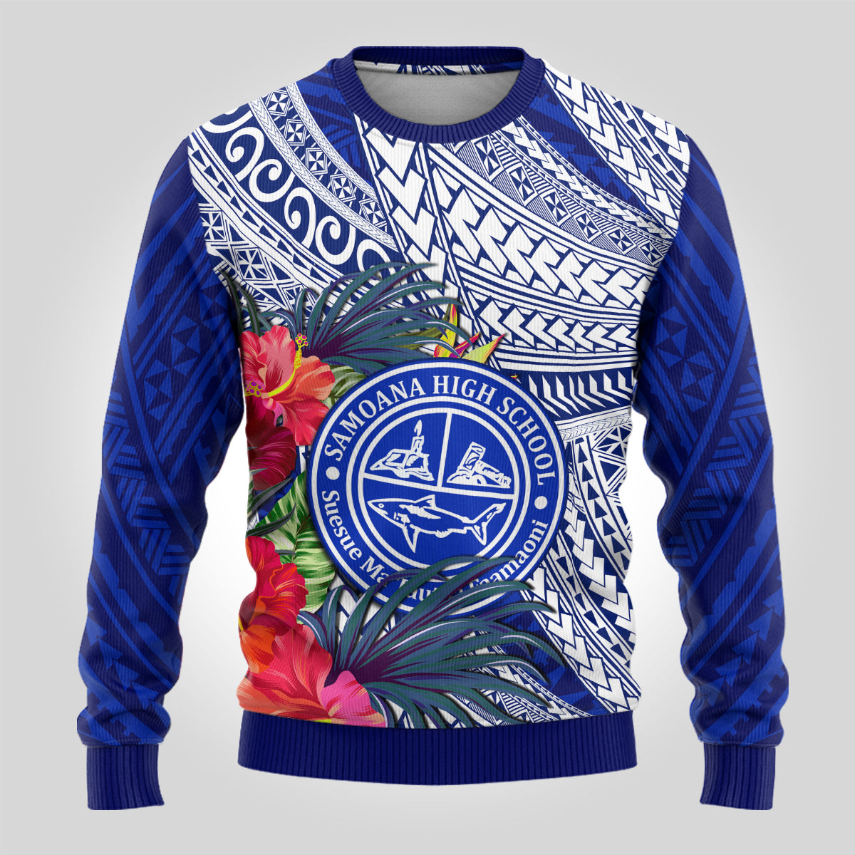 Personalised Samoana High School Ugly Christmas Sweater American Samoa Schools Polynesian Tropical Flowers LT14 - Polynesian Pride