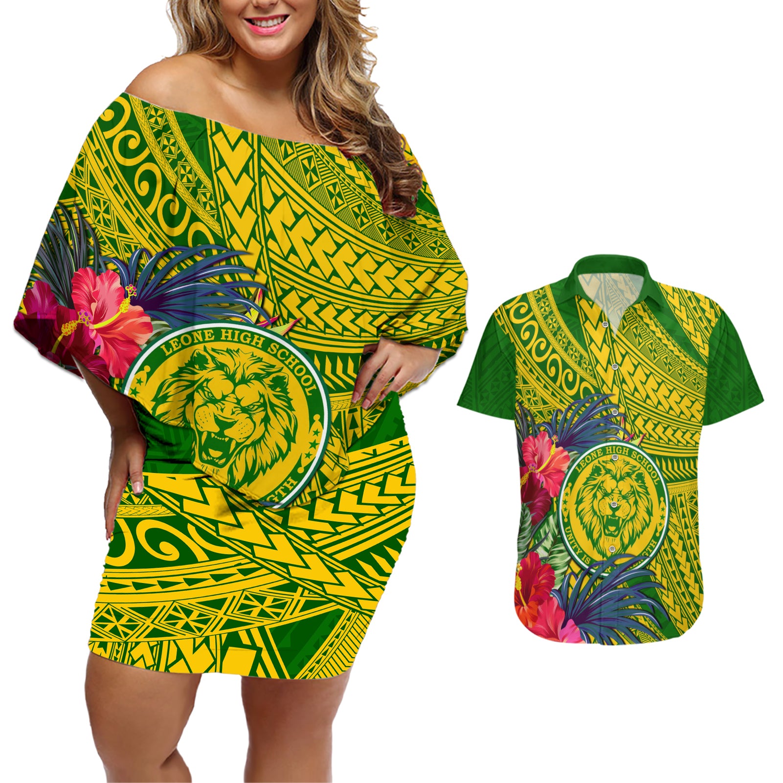 Personalised Leone High School Couples Matching Off Shoulder Short Dress and Hawaiian Shirt American Samoa Schools Polynesian Tropical Flowers LT14 Green - Polynesian Pride