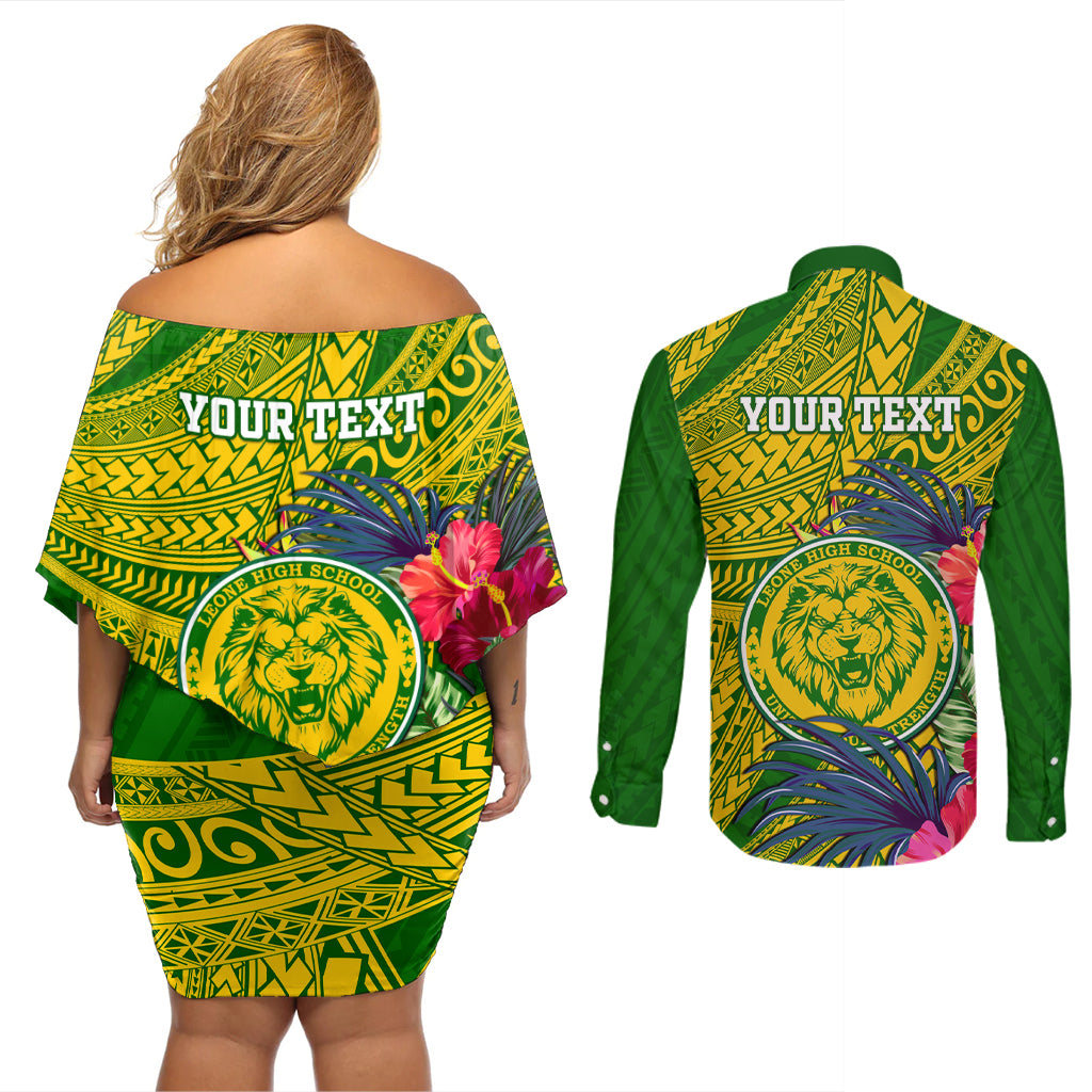 Personalised Leone High School Couples Matching Off Shoulder Short Dress and Long Sleeve Button Shirt American Samoa Schools Polynesian Tropical Flowers LT14 - Polynesian Pride