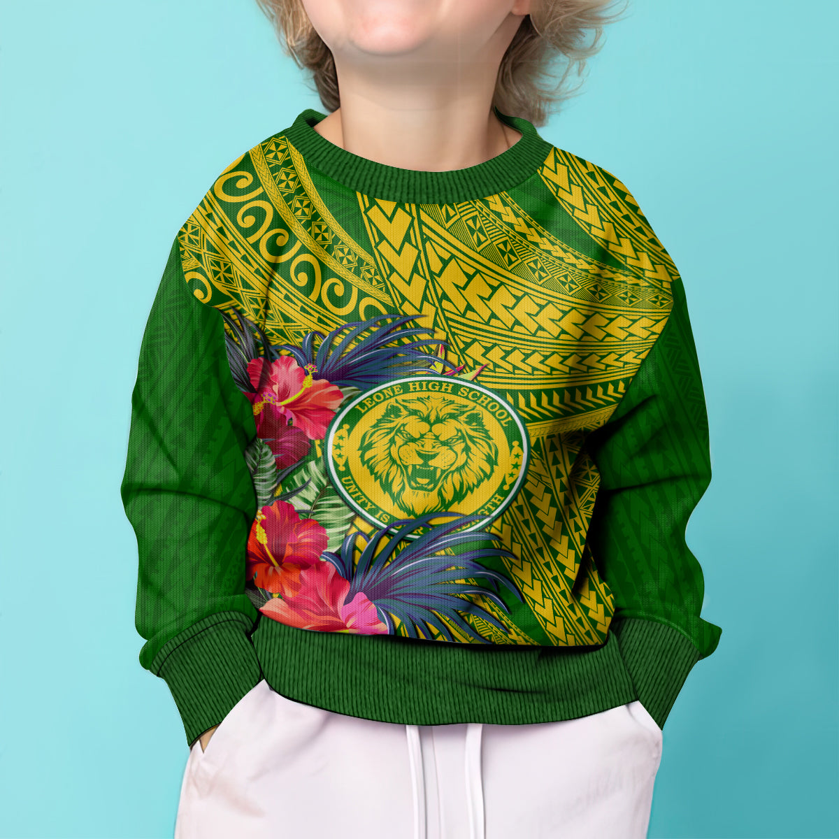 Personalised Leone High School Kid Ugly Christmas Sweater American Samoa Schools Polynesian Tropical Flowers LT14 - Polynesian Pride