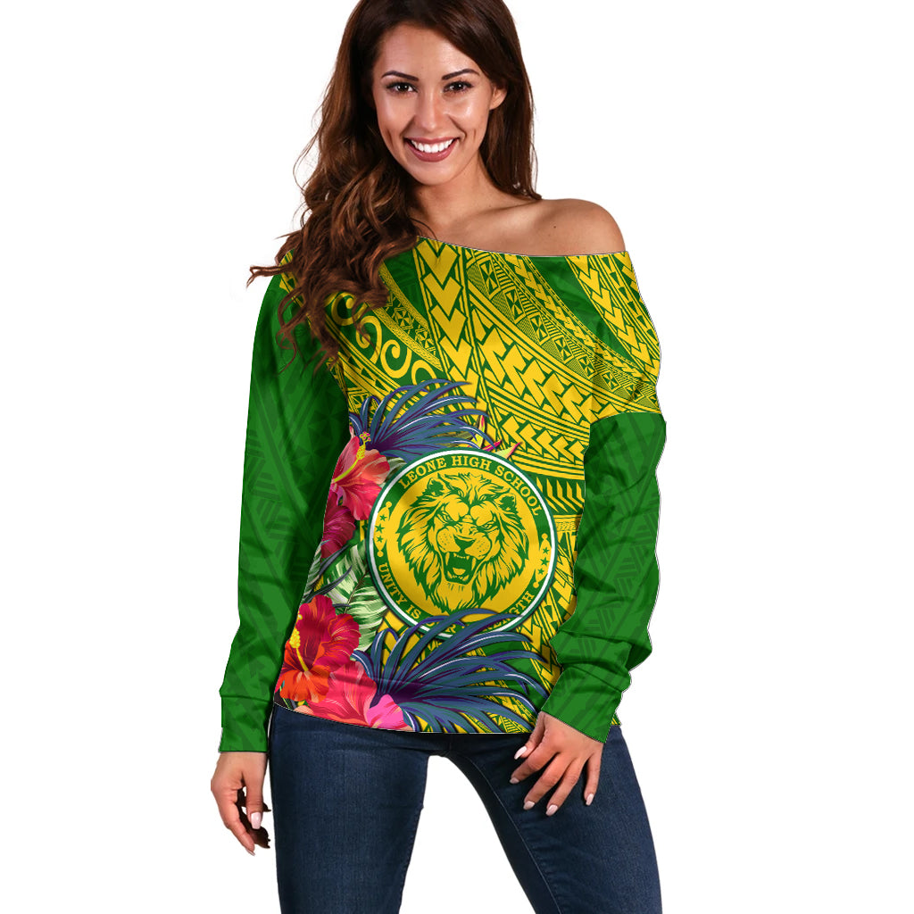 Personalised Leone High School Off Shoulder Sweater American Samoa Schools Polynesian Tropical Flowers LT14 Women Green - Polynesian Pride