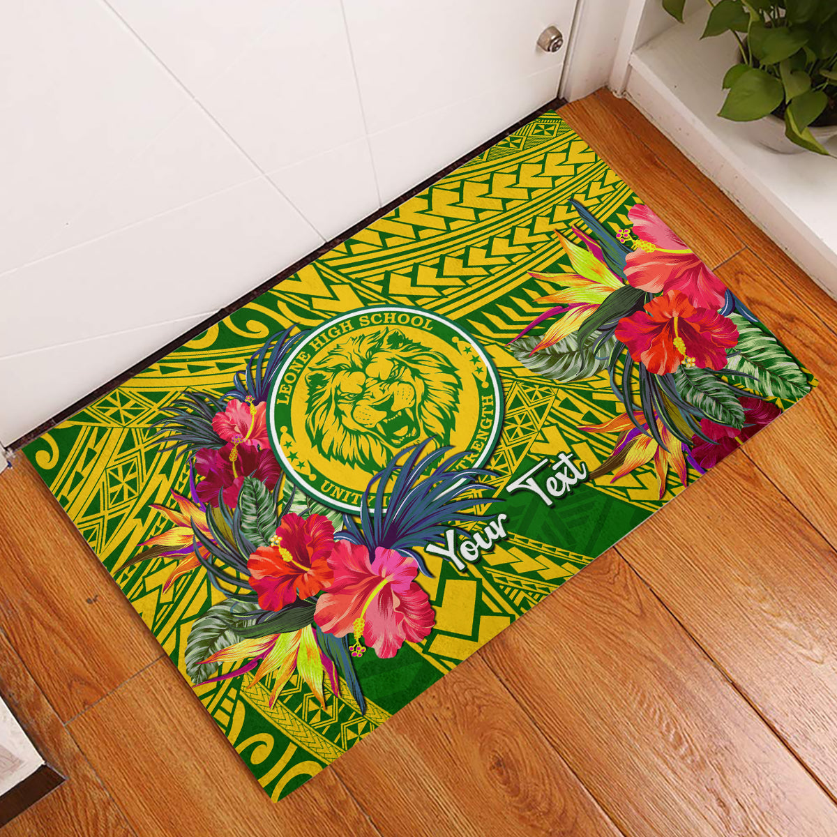 Personalised Leone High School Rubber Doormat American Samoa Schools Polynesian Tropical Flowers LT14 Green - Polynesian Pride