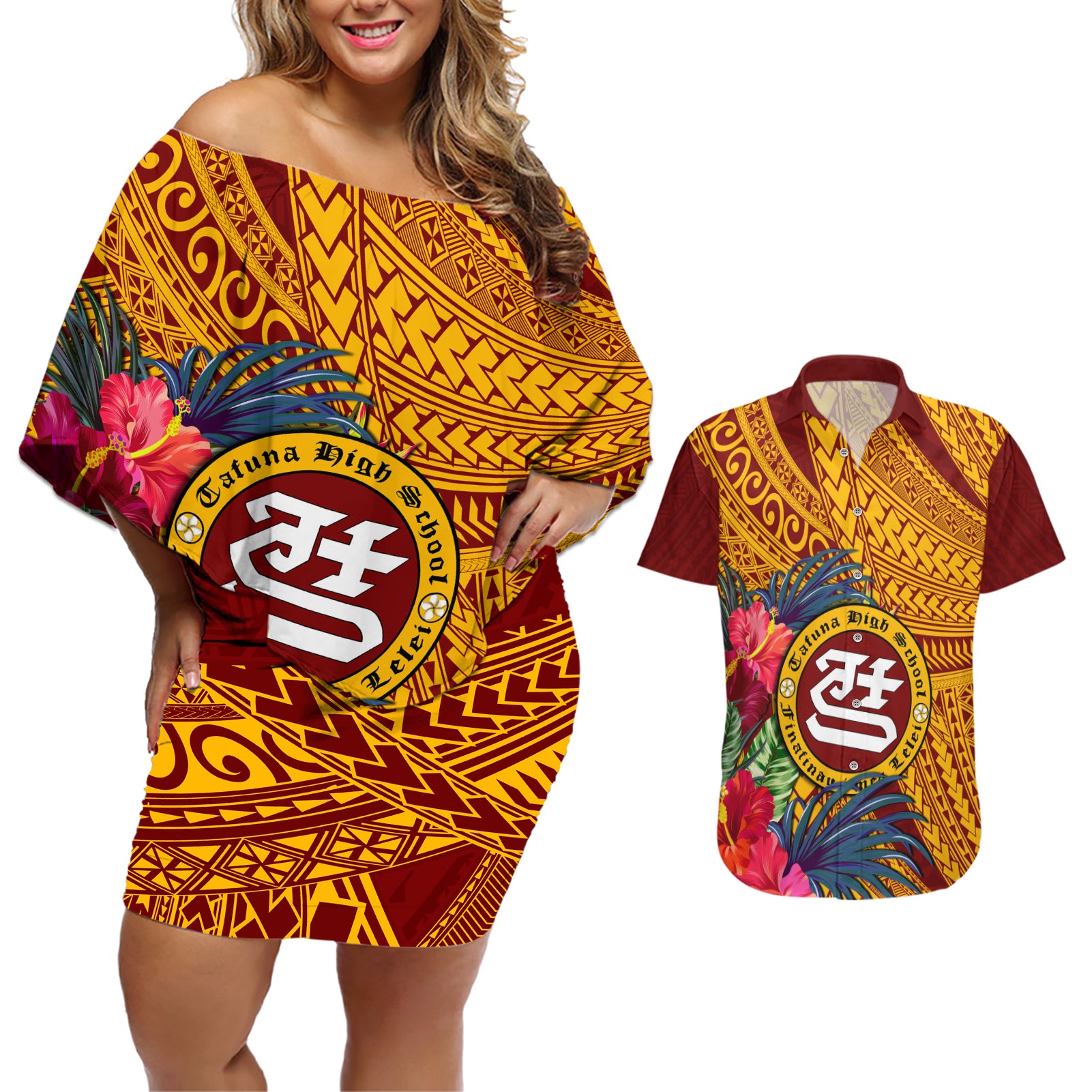 Personalised Tafuna High School Couples Matching Off Shoulder Short Dress and Hawaiian Shirt American Samoa Schools Polynesian Tropical Flowers LT14 Maroon - Polynesian Pride