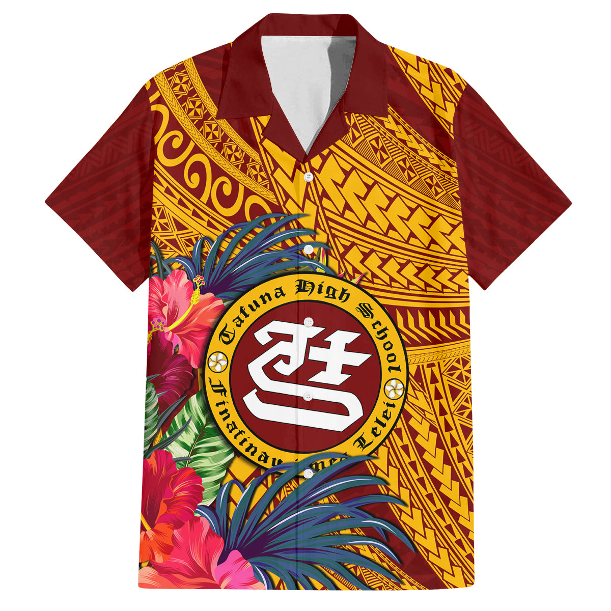 Personalised Tafuna High School Family Matching Tank Maxi Dress and Hawaiian Shirt American Samoa Schools Polynesian Tropical Flowers LT14 Dad's Shirt - Short Sleeve Maroon - Polynesian Pride