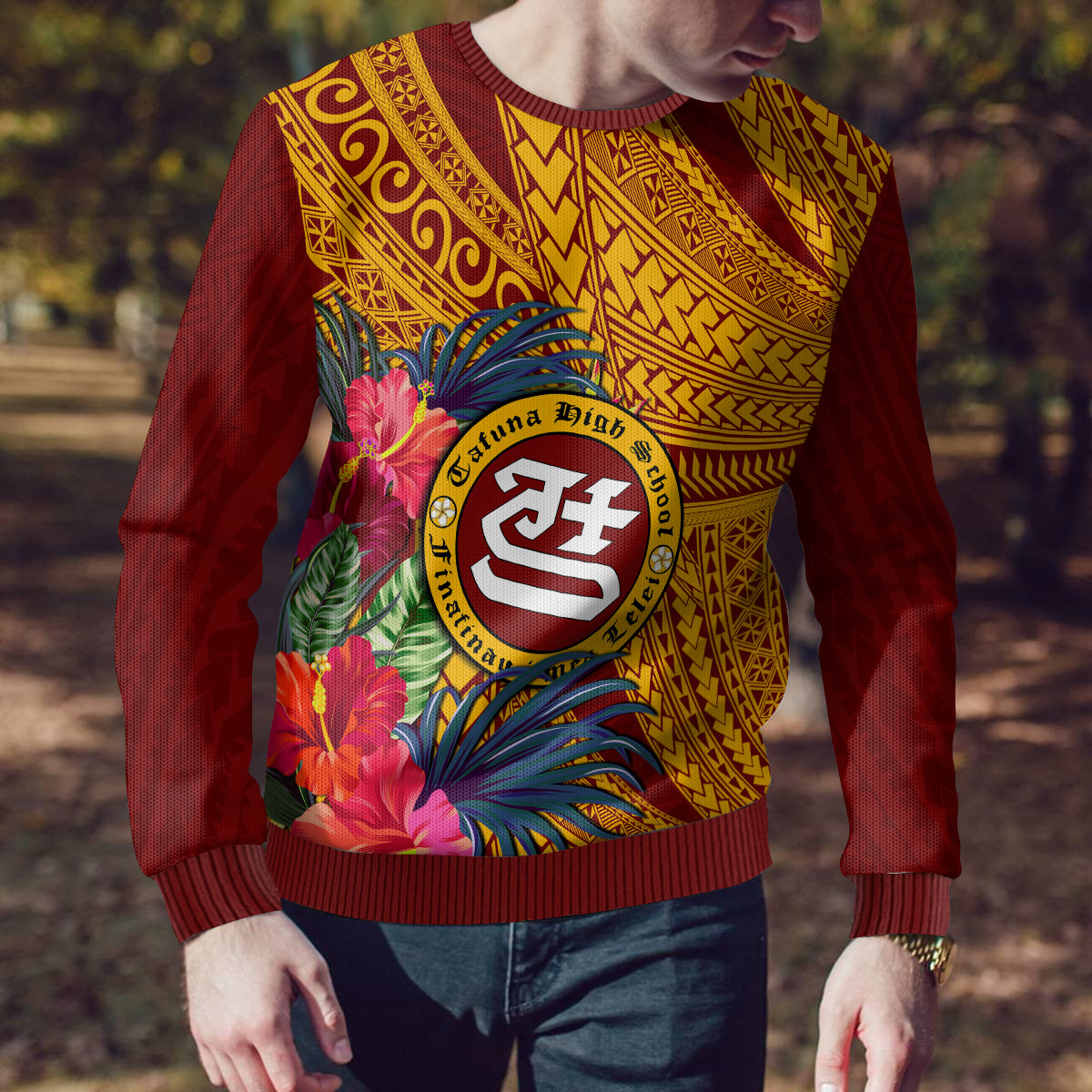 Personalised Tafuna High School Ugly Christmas Sweater American Samoa Schools Polynesian Tropical Flowers LT14 - Polynesian Pride