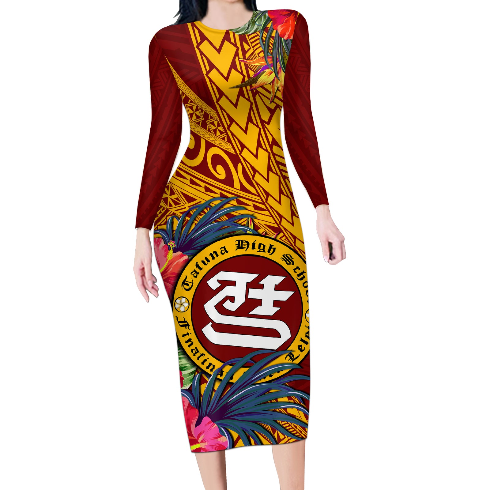 Personalised Tafuna High School Long Sleeve Bodycon Dress American Samoa Schools Polynesian Tropical Flowers LT14 Long Dress Maroon - Polynesian Pride