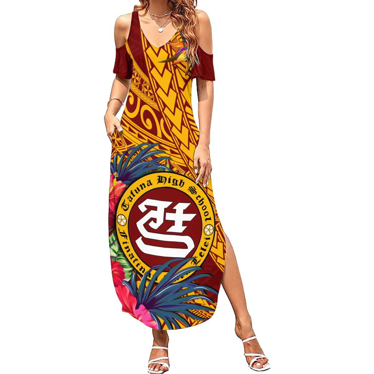 Personalised Tafuna High School Summer Maxi Dress American Samoa Schools Polynesian Tropical Flowers LT14 Women Maroon - Polynesian Pride