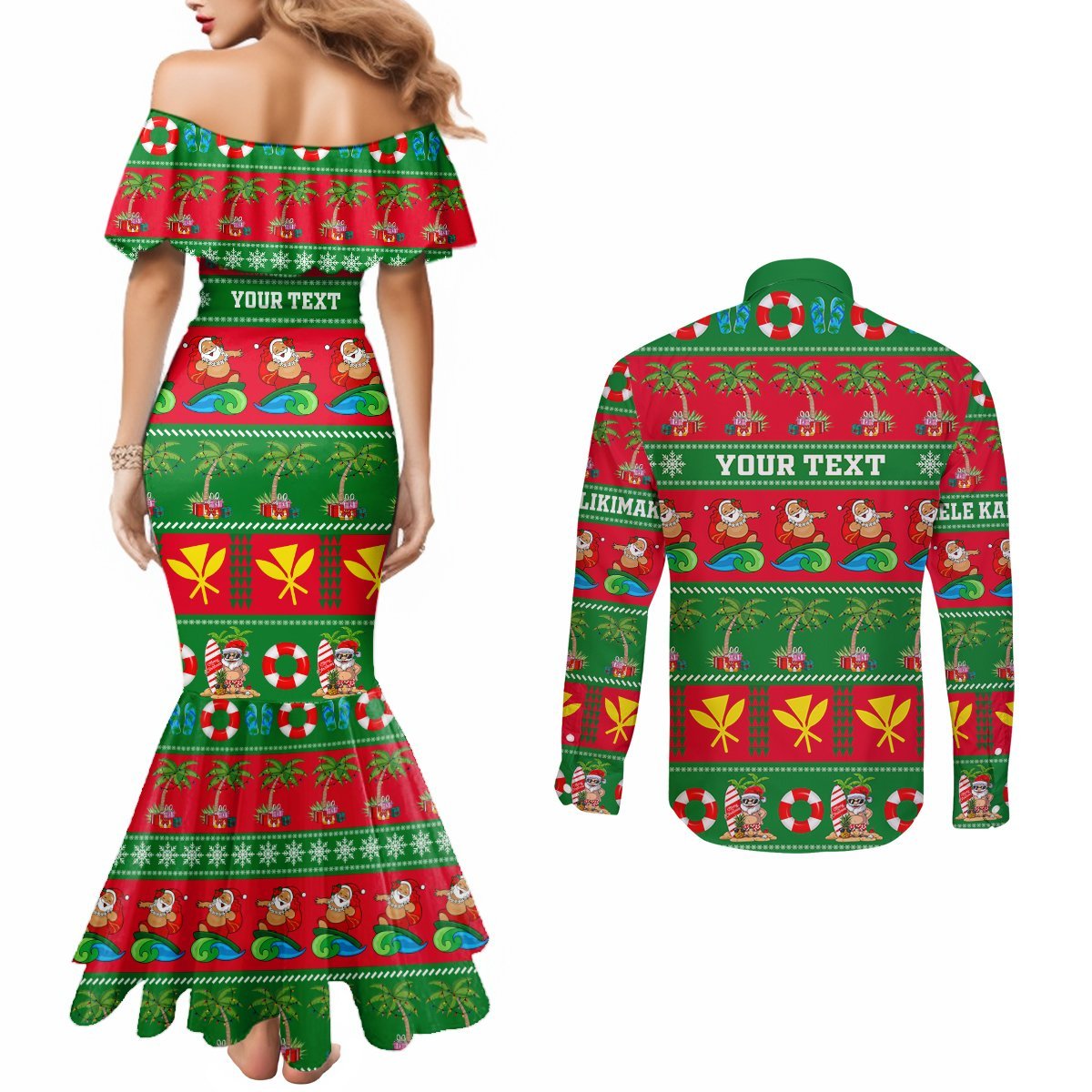 Personalised Hawaii Christmas Couples Matching Mermaid Dress and Long Sleeve Button Shirt Mele Kalikimaka LT14 - Polynesian Pride