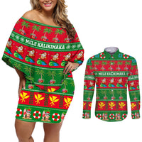 Personalised Hawaii Christmas Couples Matching Off Shoulder Short Dress and Long Sleeve Button Shirt Mele Kalikimaka LT14 Green - Polynesian Pride