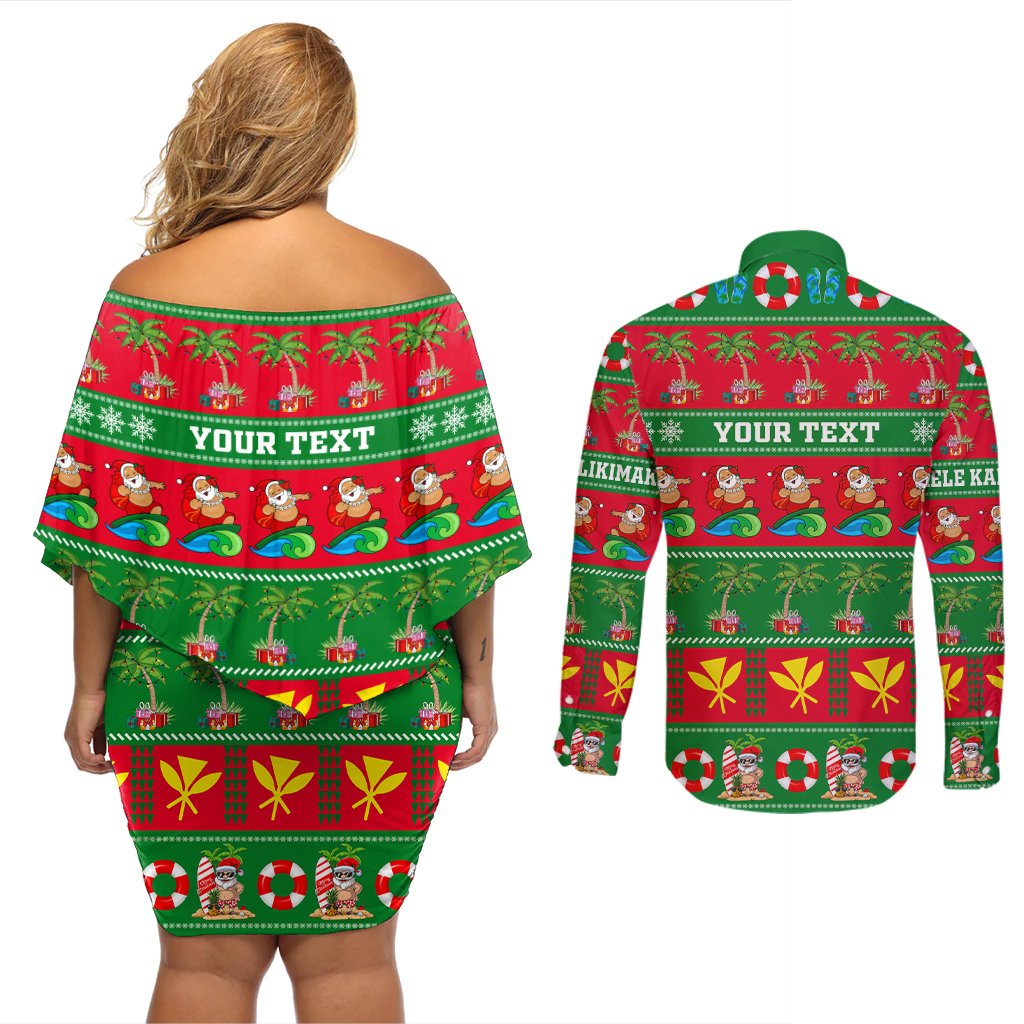 Personalised Hawaii Christmas Couples Matching Off Shoulder Short Dress and Long Sleeve Button Shirt Mele Kalikimaka LT14 - Polynesian Pride