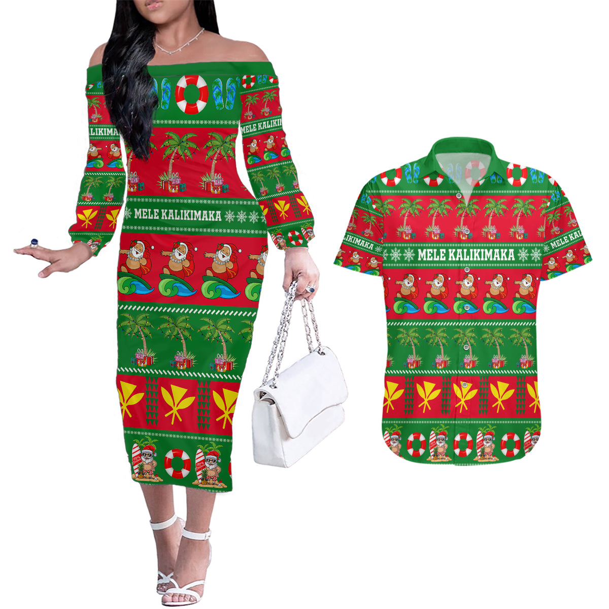 Personalised Hawaii Christmas Couples Matching Off The Shoulder Long Sleeve Dress and Hawaiian Shirt Mele Kalikimaka LT14 Green - Polynesian Pride