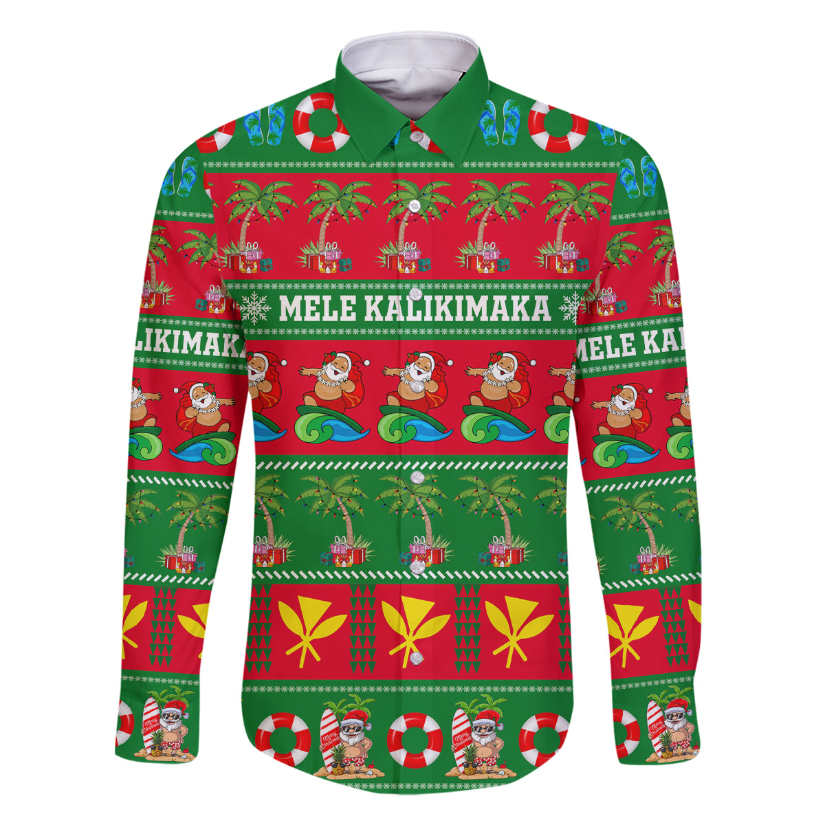 Personalised Hawaii Christmas Family Matching Mermaid Dress and Hawaiian Shirt Mele Kalikimaka LT14 Dad's Shirt - Long Sleeve Green - Polynesian Pride