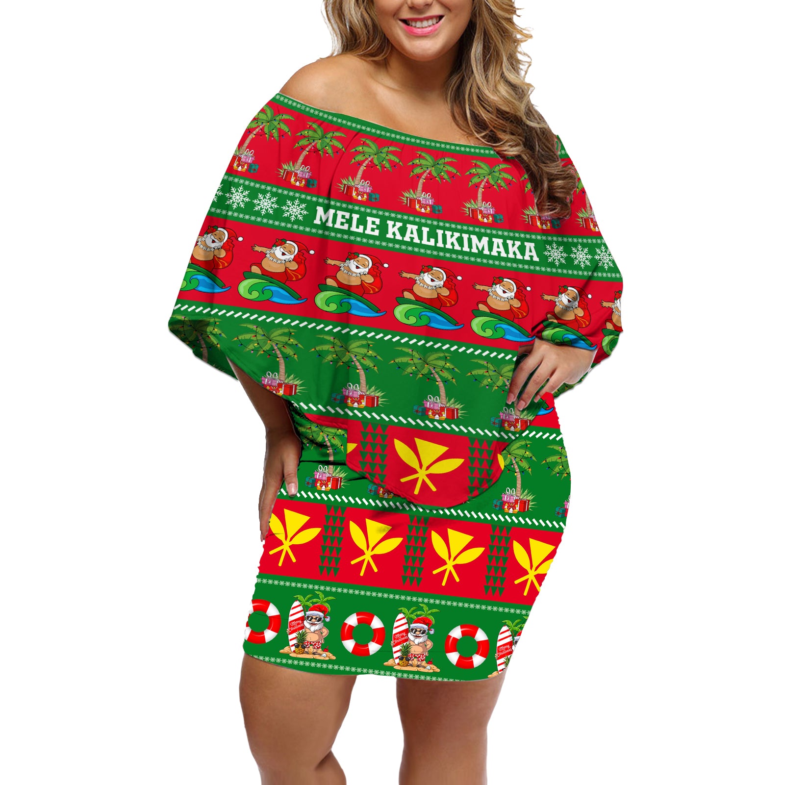 Personalised Hawaii Christmas Off Shoulder Short Dress Mele Kalikimaka LT14 Women Green - Polynesian Pride