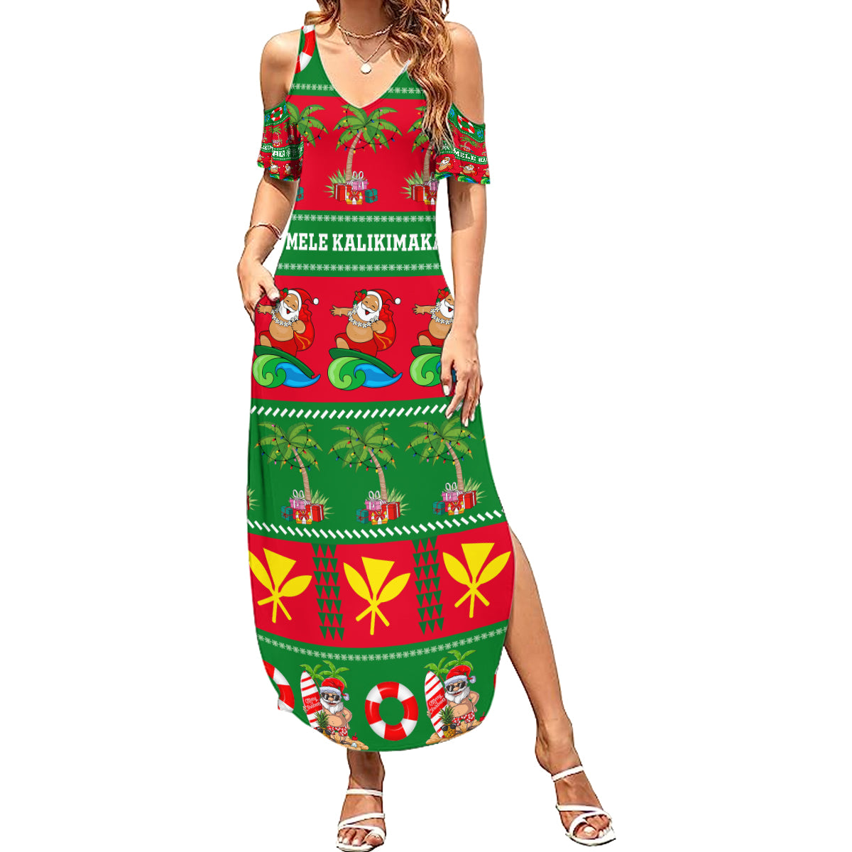 Personalised Hawaii Christmas Summer Maxi Dress Mele Kalikimaka LT14 Women Green - Polynesian Pride